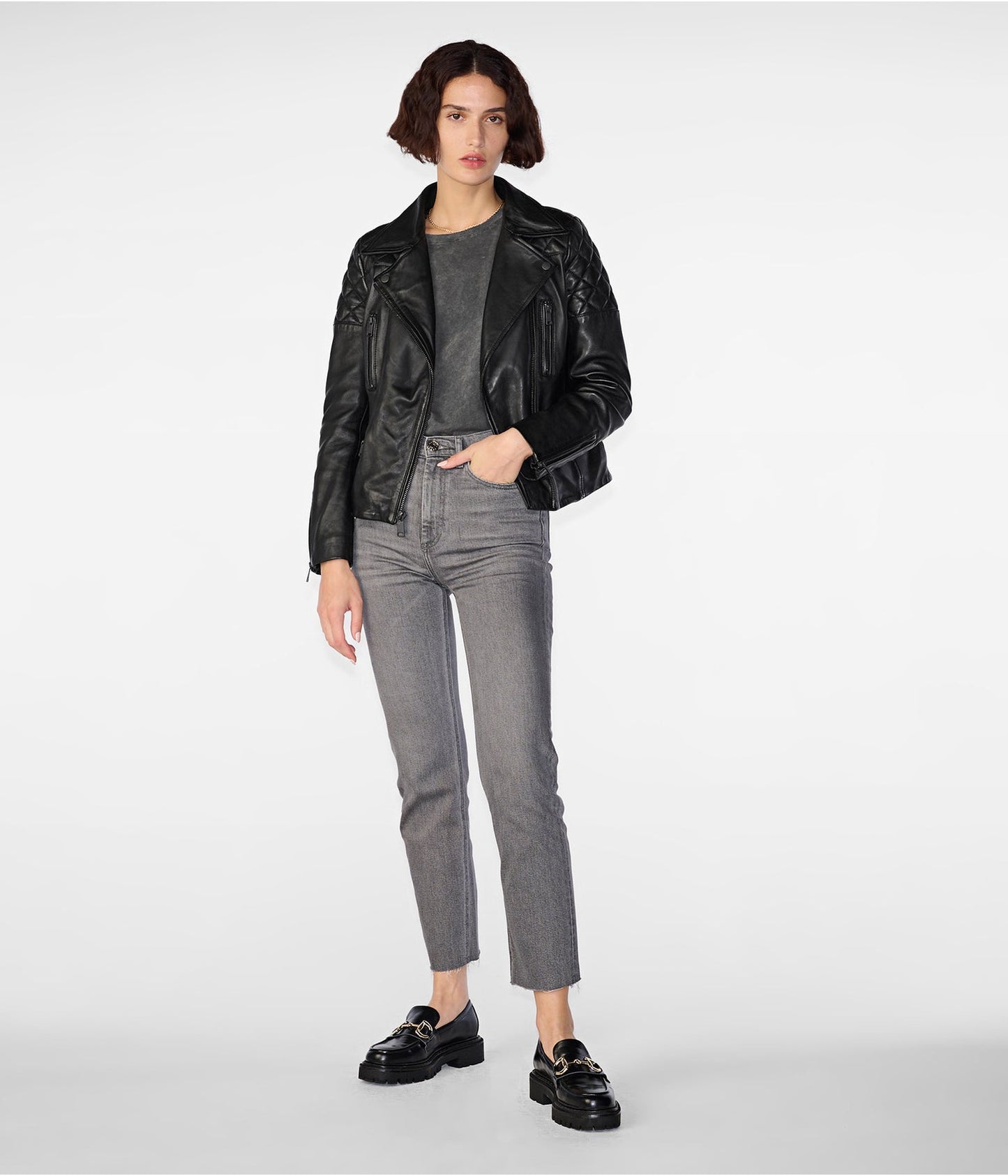 Women's Shearling Leather Biker Jacket In Black