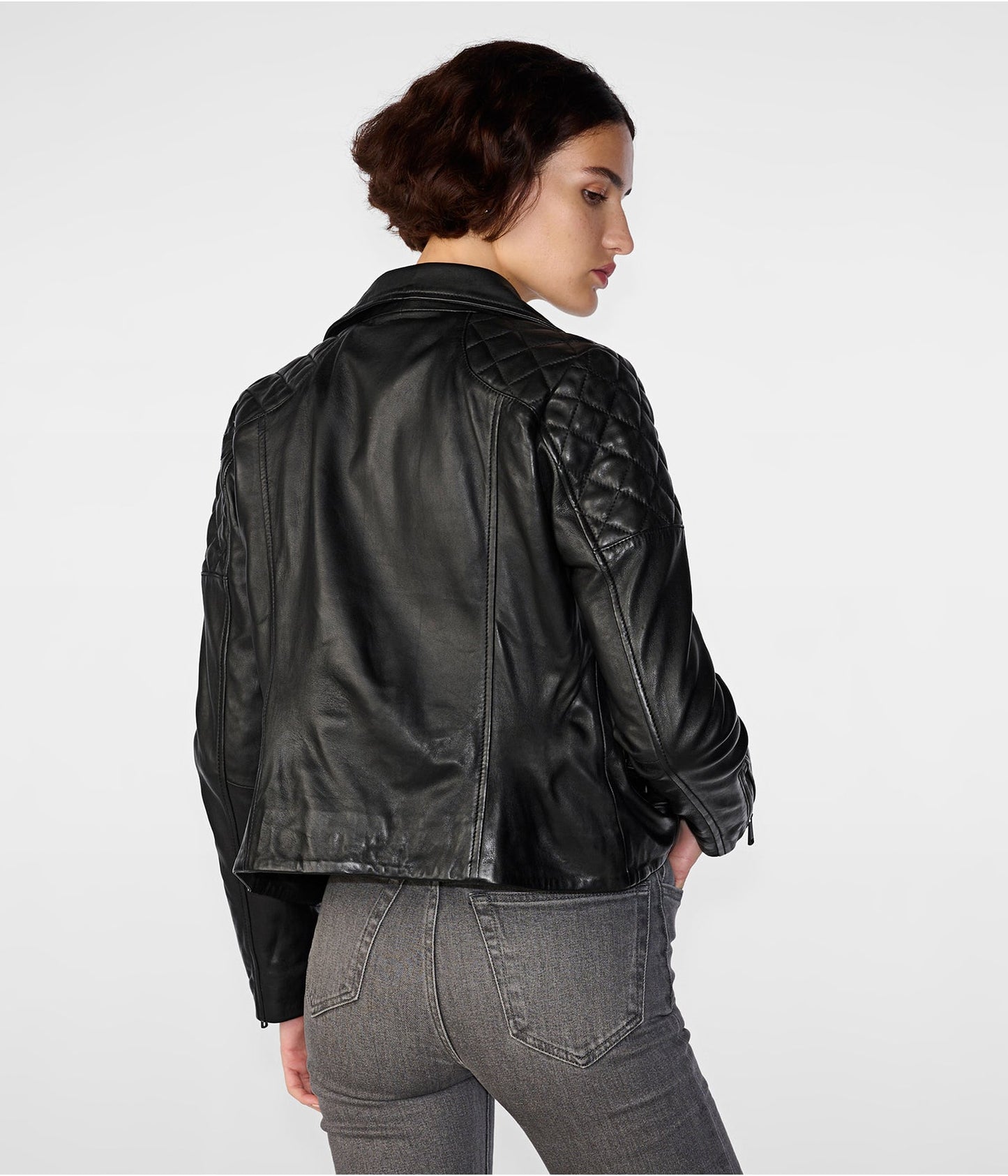 Women's Shearling Leather Biker Jacket In Black