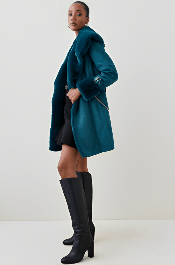 Women's Suede Leather Shearling Coat In Royal Blue