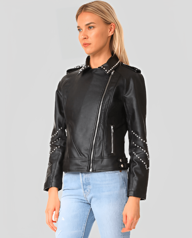 Women's Black Studded Leather Biker Jacket