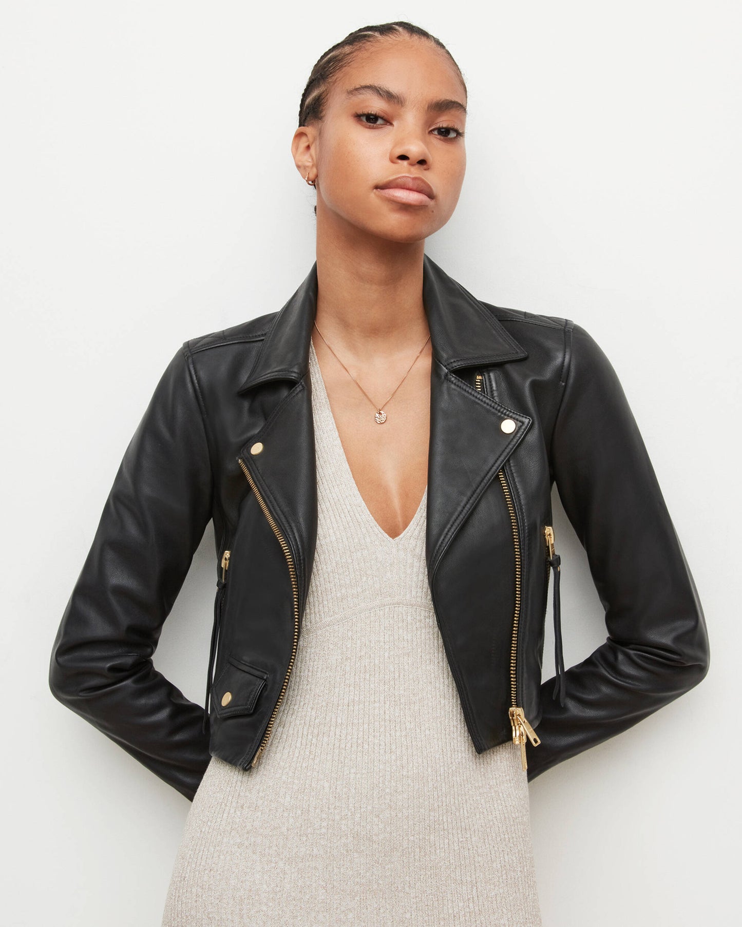 Women's Cropped Biker Leather Jacket In Black