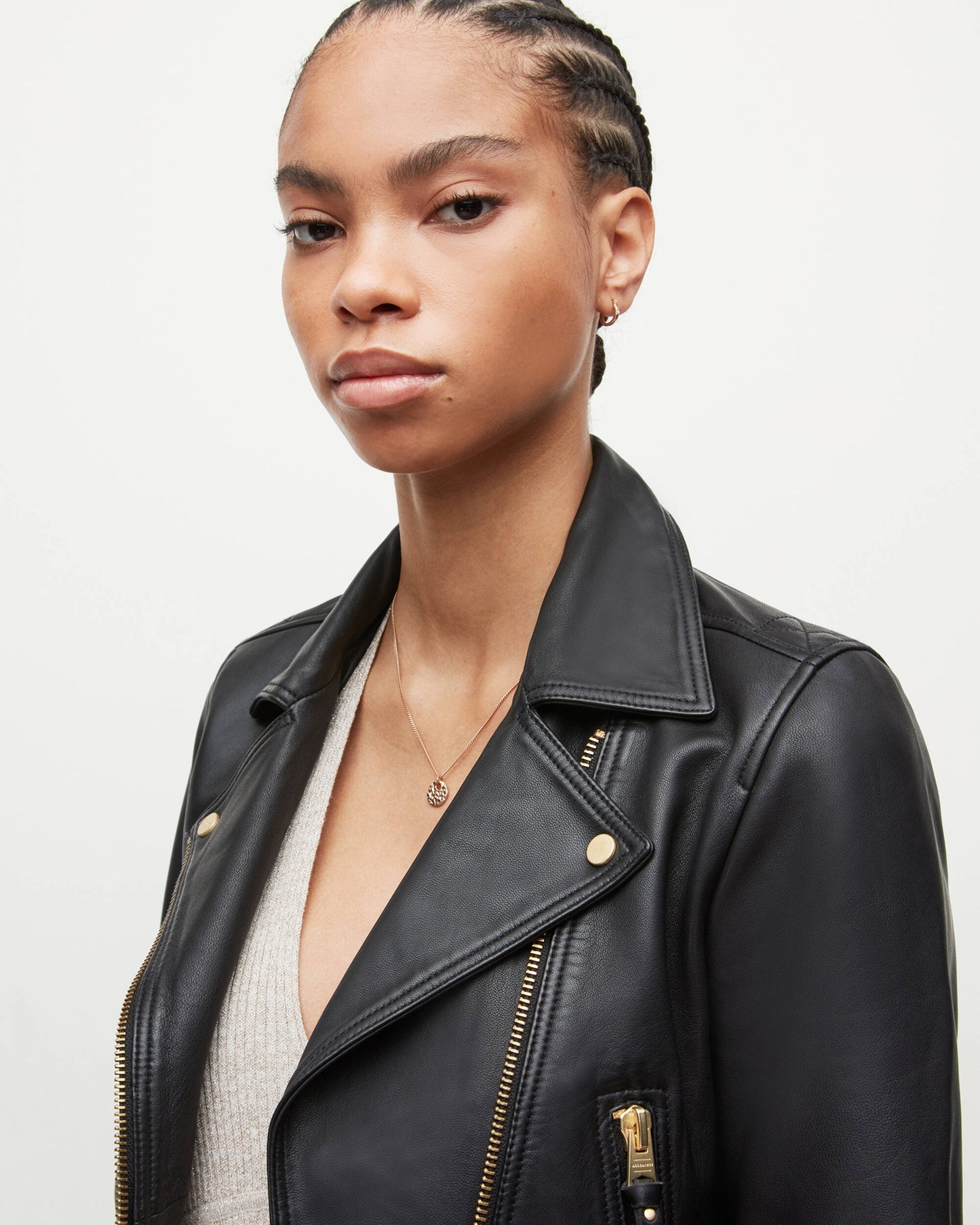 Women's Cropped Biker Leather Jacket In Black