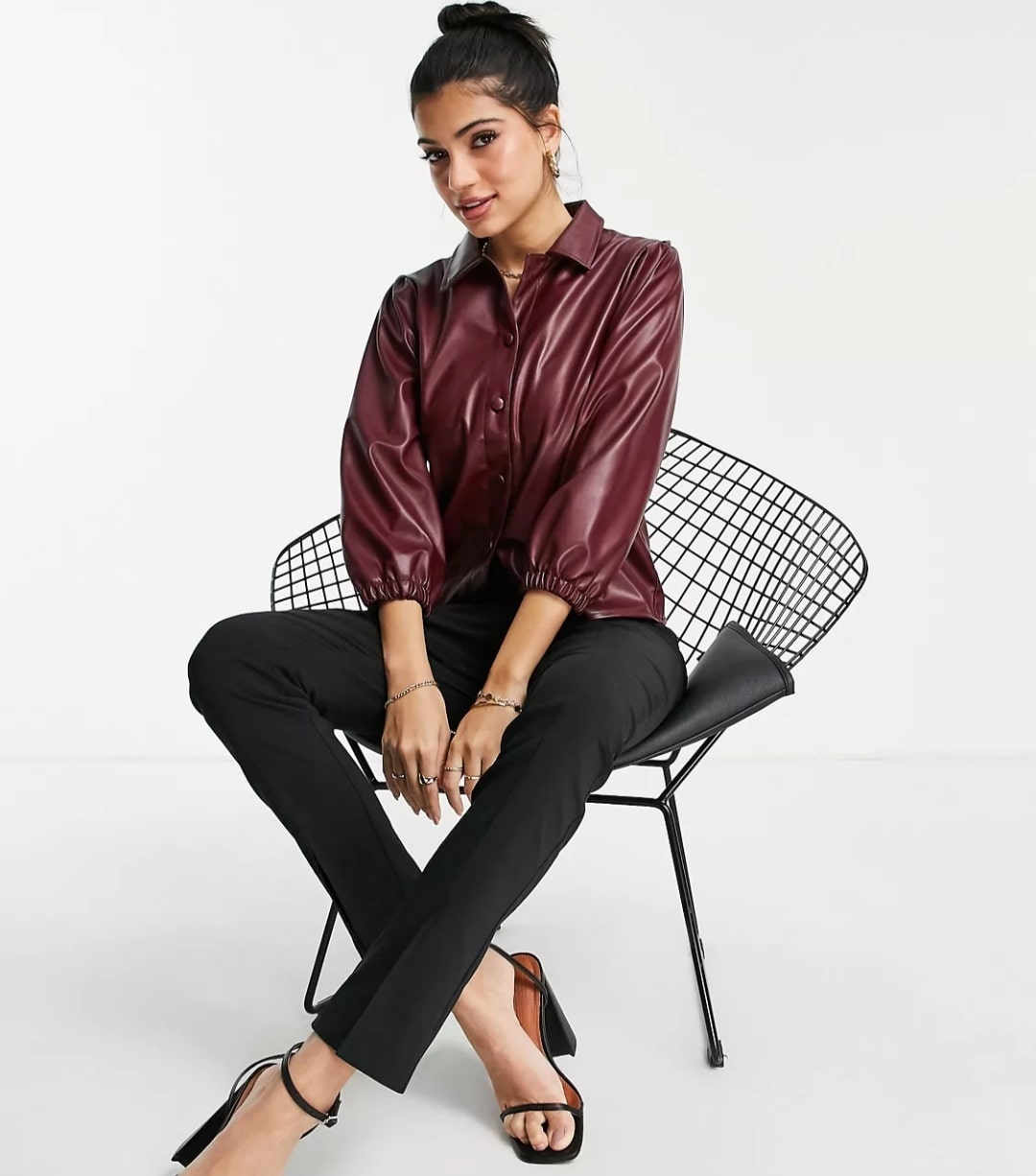 Women's Full Sleeve Leather Shirt In Maroon