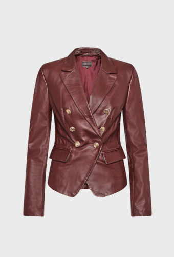 Women's Leather Blazer In Mahogany Red With Golden Buttons