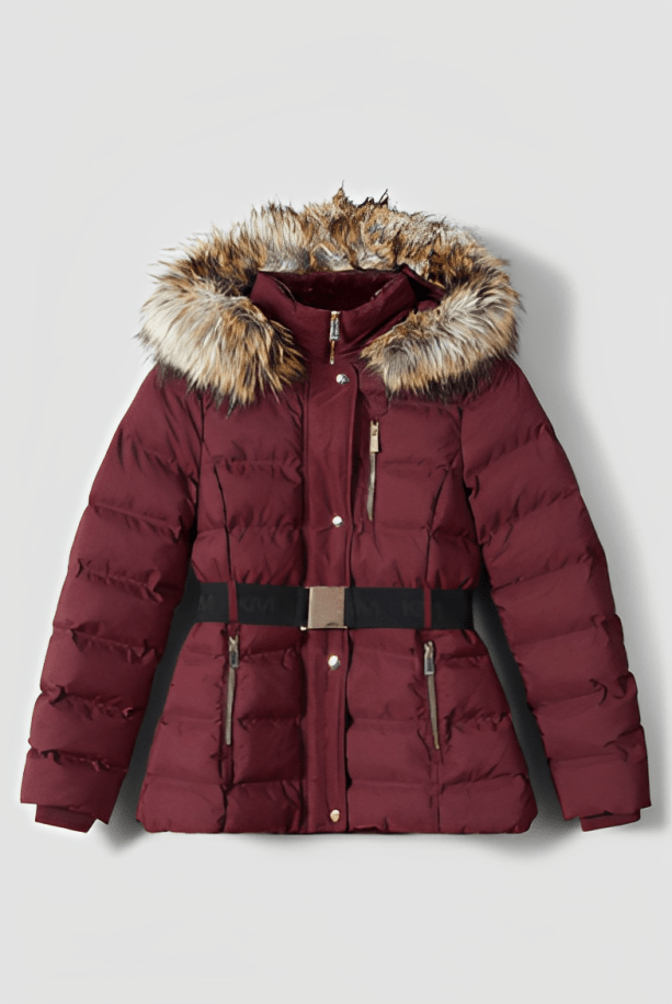 Women's Puffer Jacket In Ox Red With Fur Collar