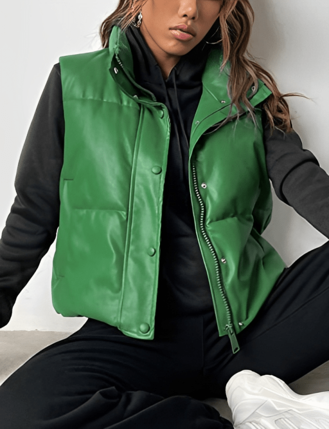 Women's Puffer Leather Vest In Green