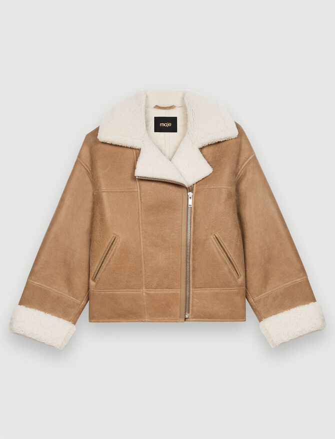 Women's Shearling Biker Leather Jacket In Brown