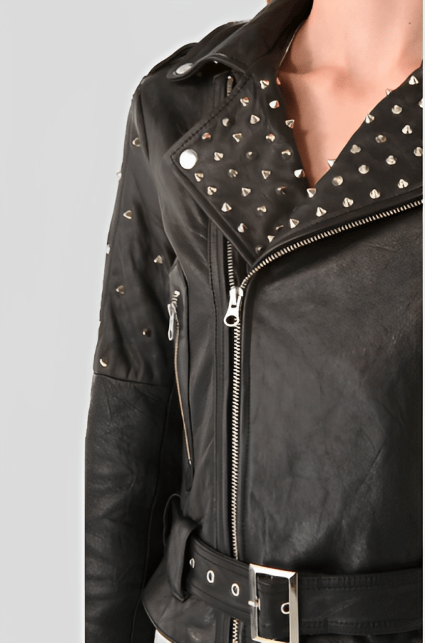 Women's Studded Biker Leather Jacket In Black