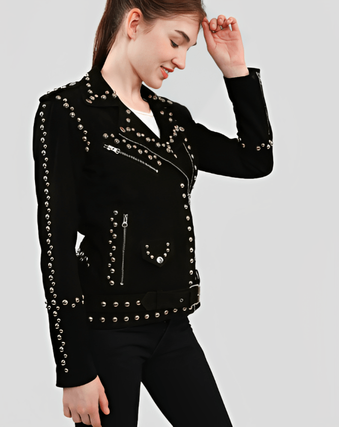 Women's Studded Suede Leather Biker Jacket In Black