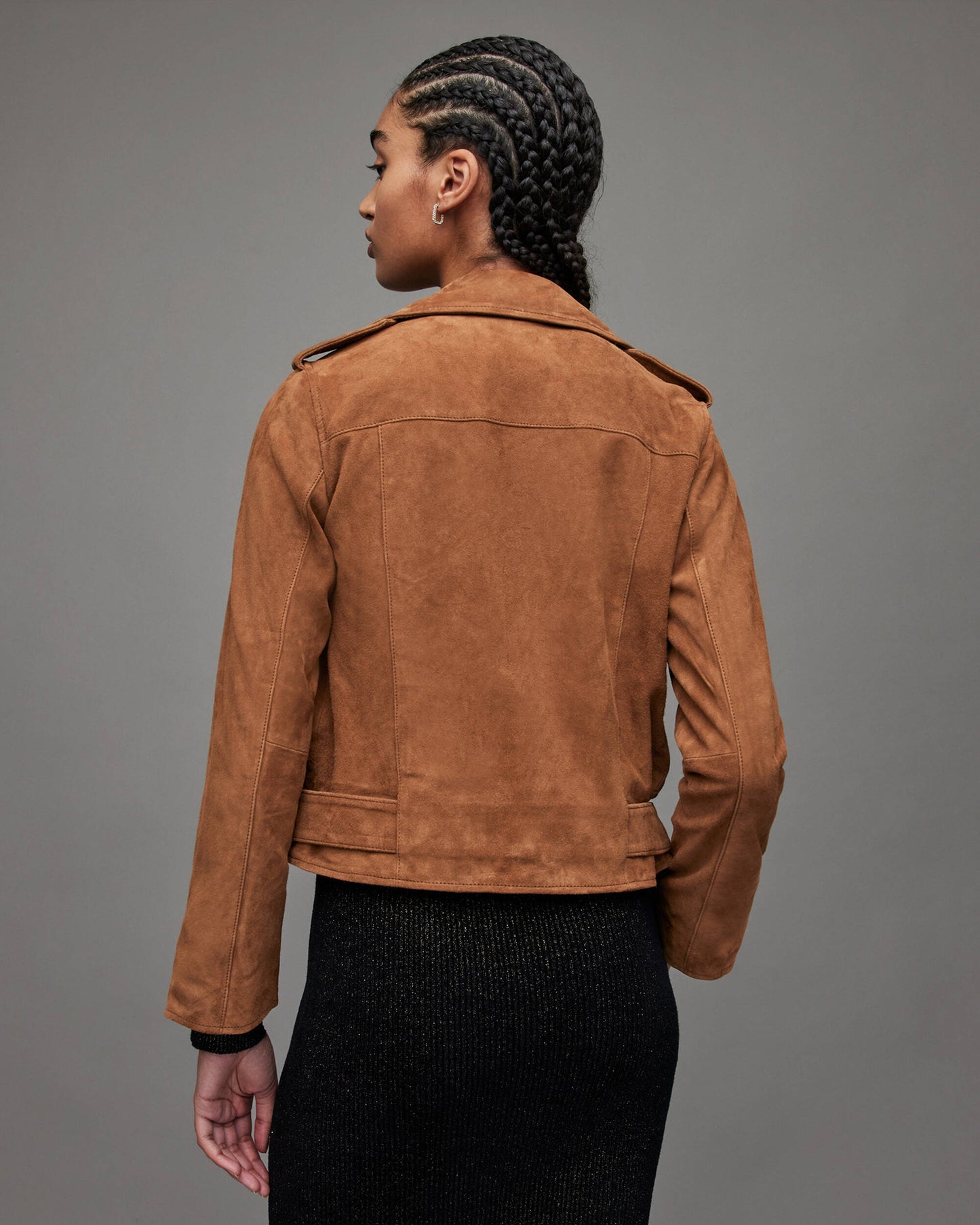 Women's Tan Brown Suede Leather Biker Jacket With Belt