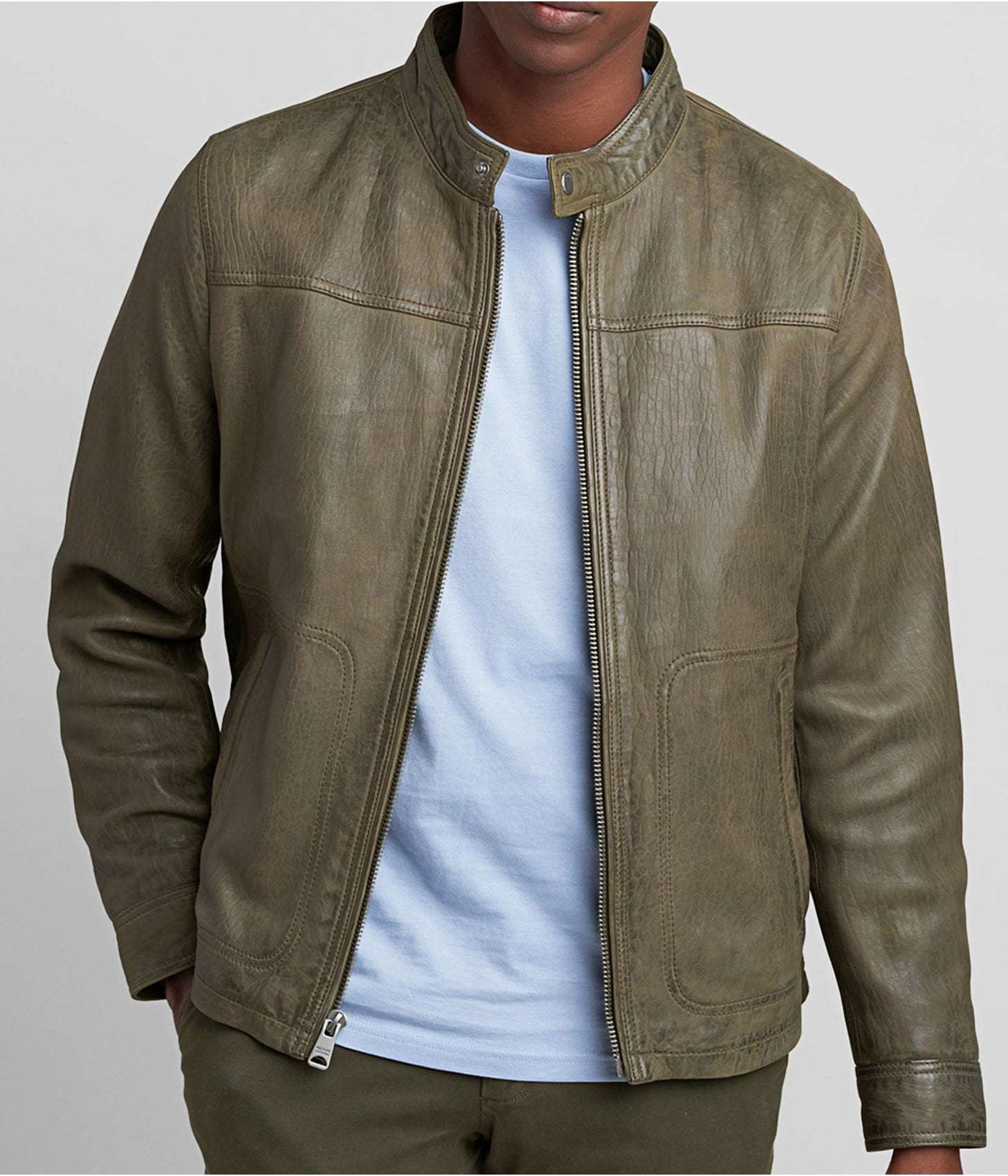 Men's Snake Print Leather Jacket In Moss Green