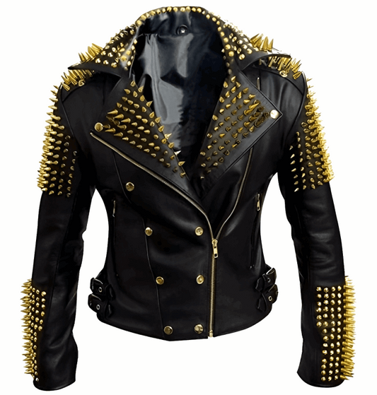 Men's Gold Studded Leather Biker Jacket In Black