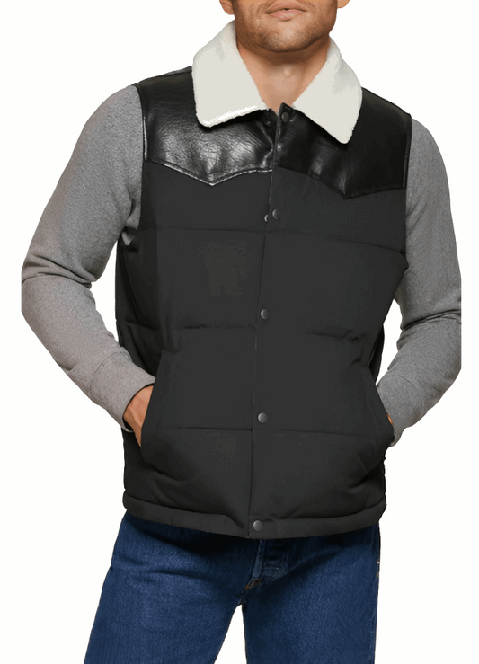 Men's Puffer Leather Vest In Black With Shearling Collar