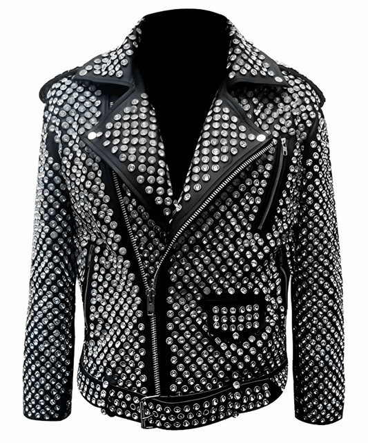 Men's Studded Biker Leather Jacket In Black