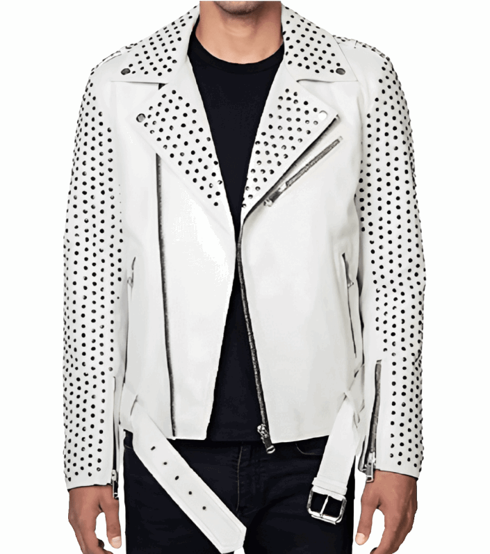 Men's Studded Biker Leather Jacket In White