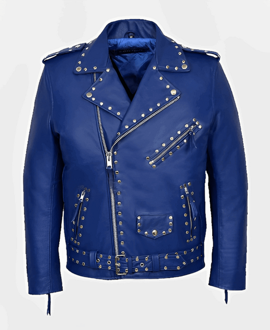 Men's Studded Leather Biker Jacket In Blue