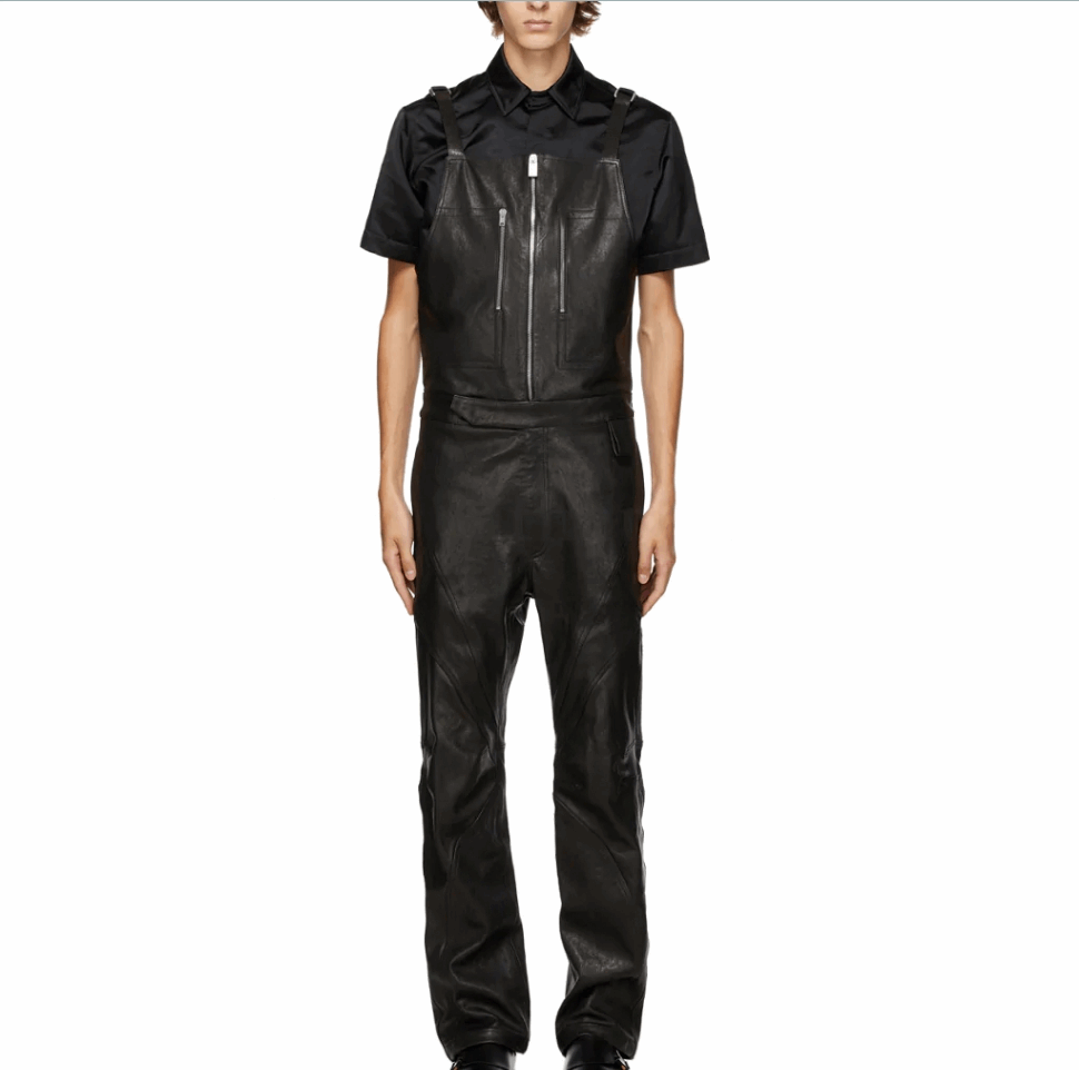 Men's Overalls Leather Jumpsuit In Black