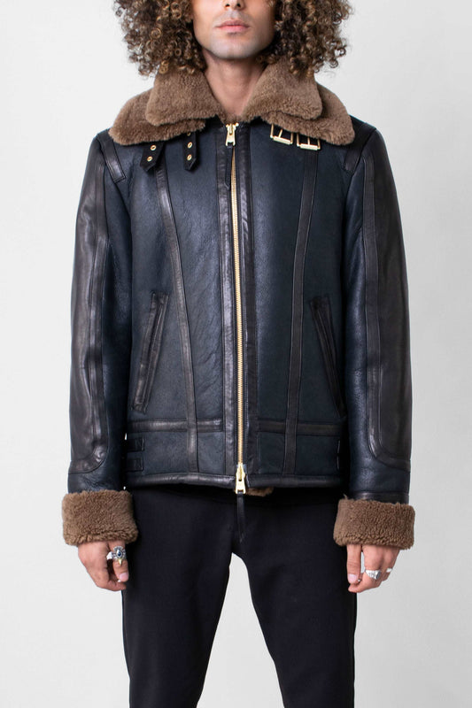 Men's Sheepskin Shearling Leather Jacket In Blue