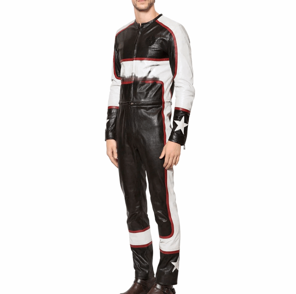 Men's Distressed Leather Racing Jumpsuit In Black