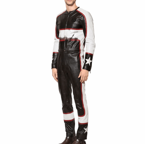 Men's Distressed Leather Racing Jumpsuit Black