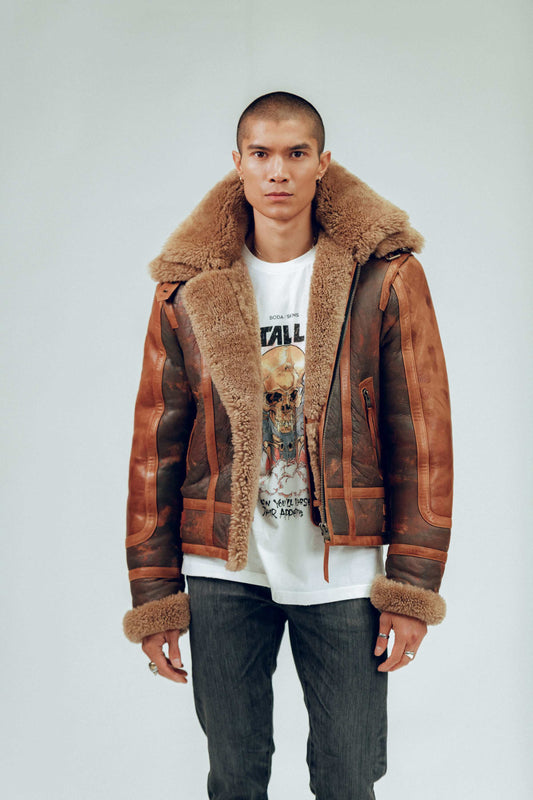 Men's Distressed Sheepskin Leather Shearling Jacket In Brown