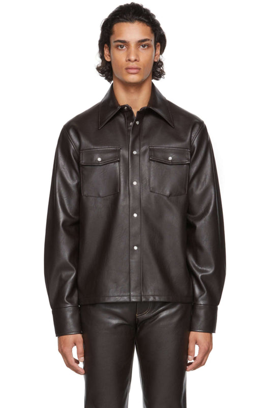 Men's Full Sleeve Black Trucker Leather Shirt