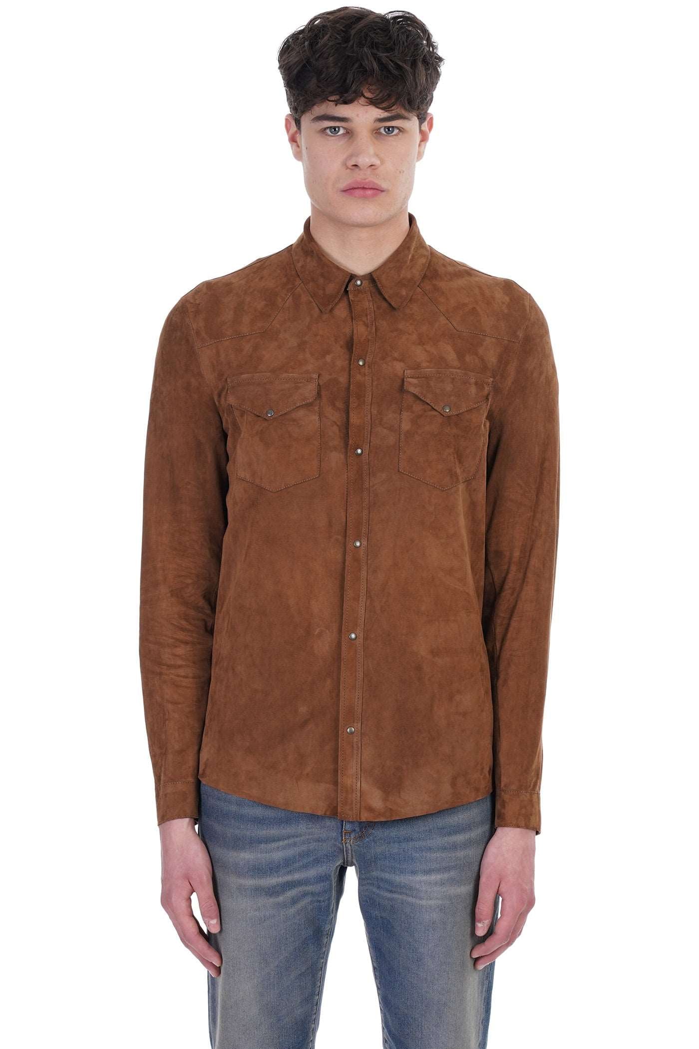 Men's Full Sleeve Suede Leather Shirt In Tan Brown