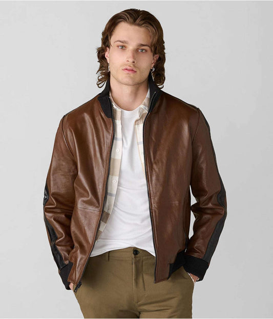 Men's Leather Bomber Jacket In Chocolate Brown With Stripes