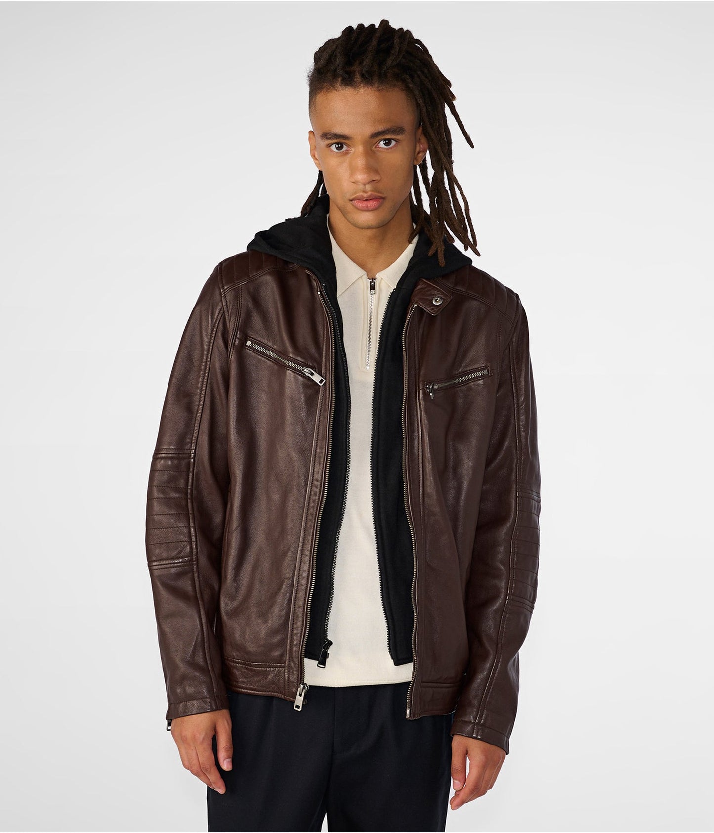 Men's Leather Cafe Racer Moto Jacket In Dark Brown