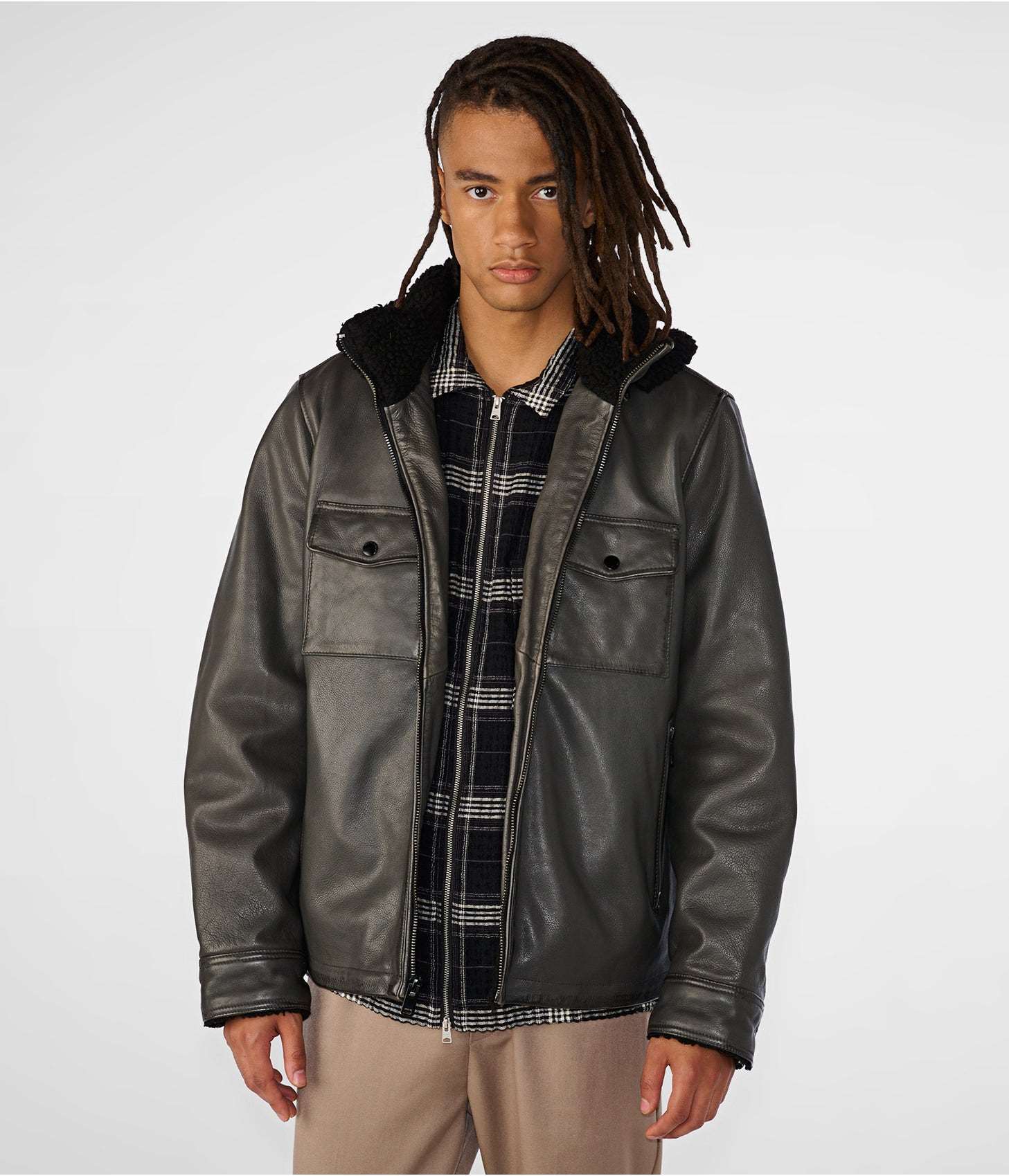Men's Leather Harrington Shearling Jacket In Gray