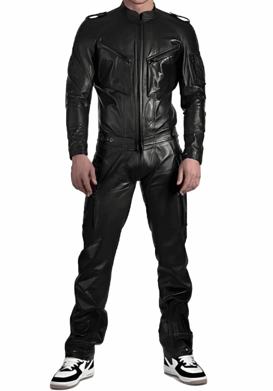 Men's Leather Jumpsuit In Black With Straps