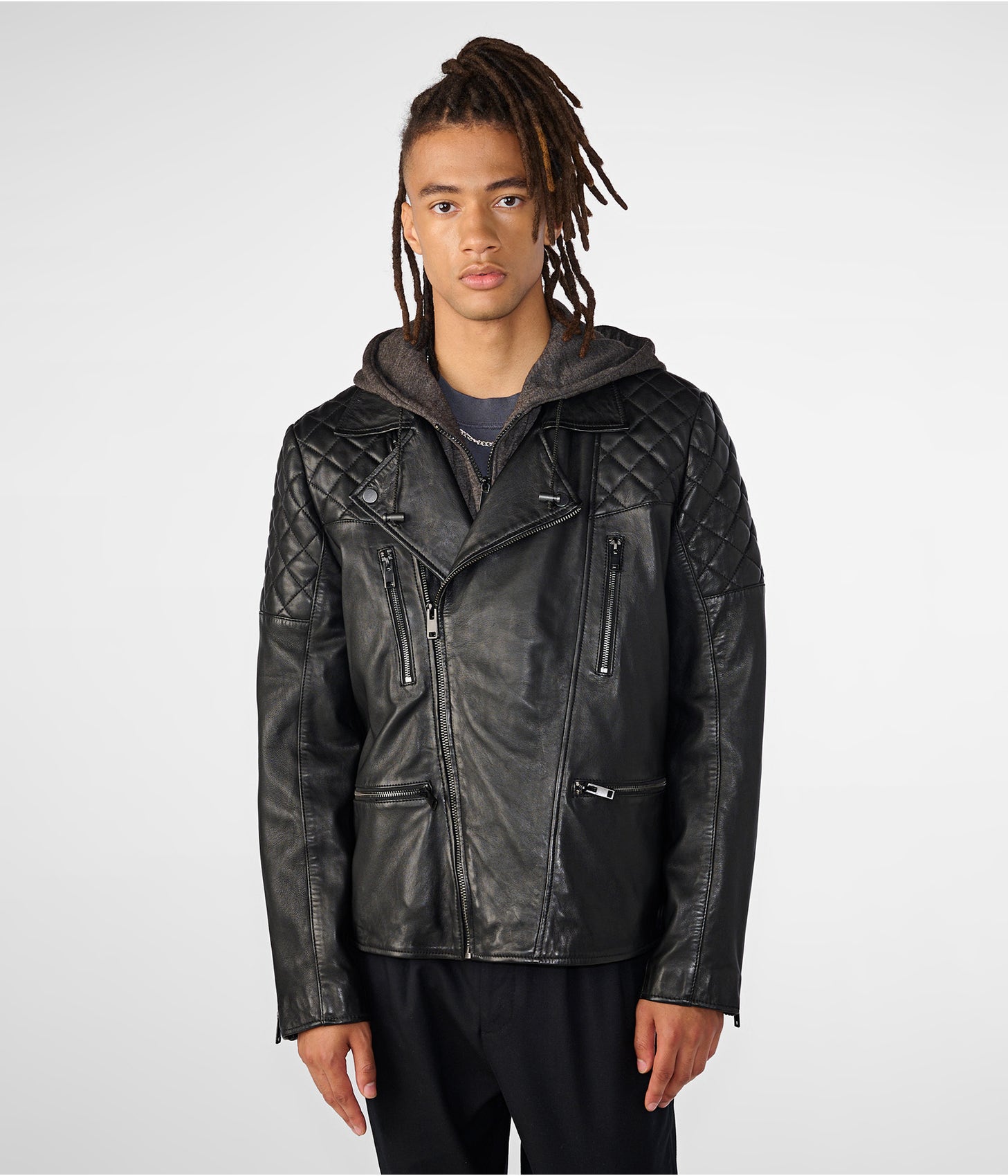 Men's Leather Removable Hood Moto Jacket In Black
