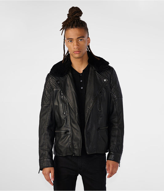 Men's Leather Shearling Biker Jacket In Black