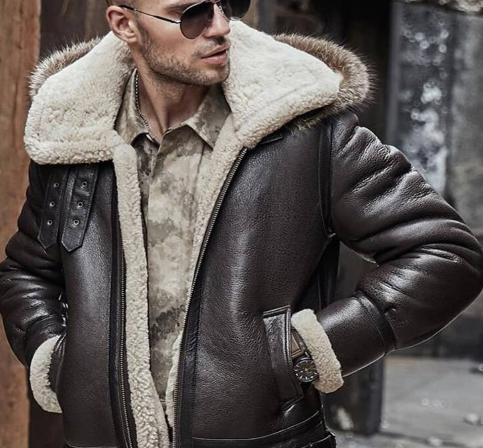 Men's Shearling Aviator Parka Leather Jackets In Dark Brown
