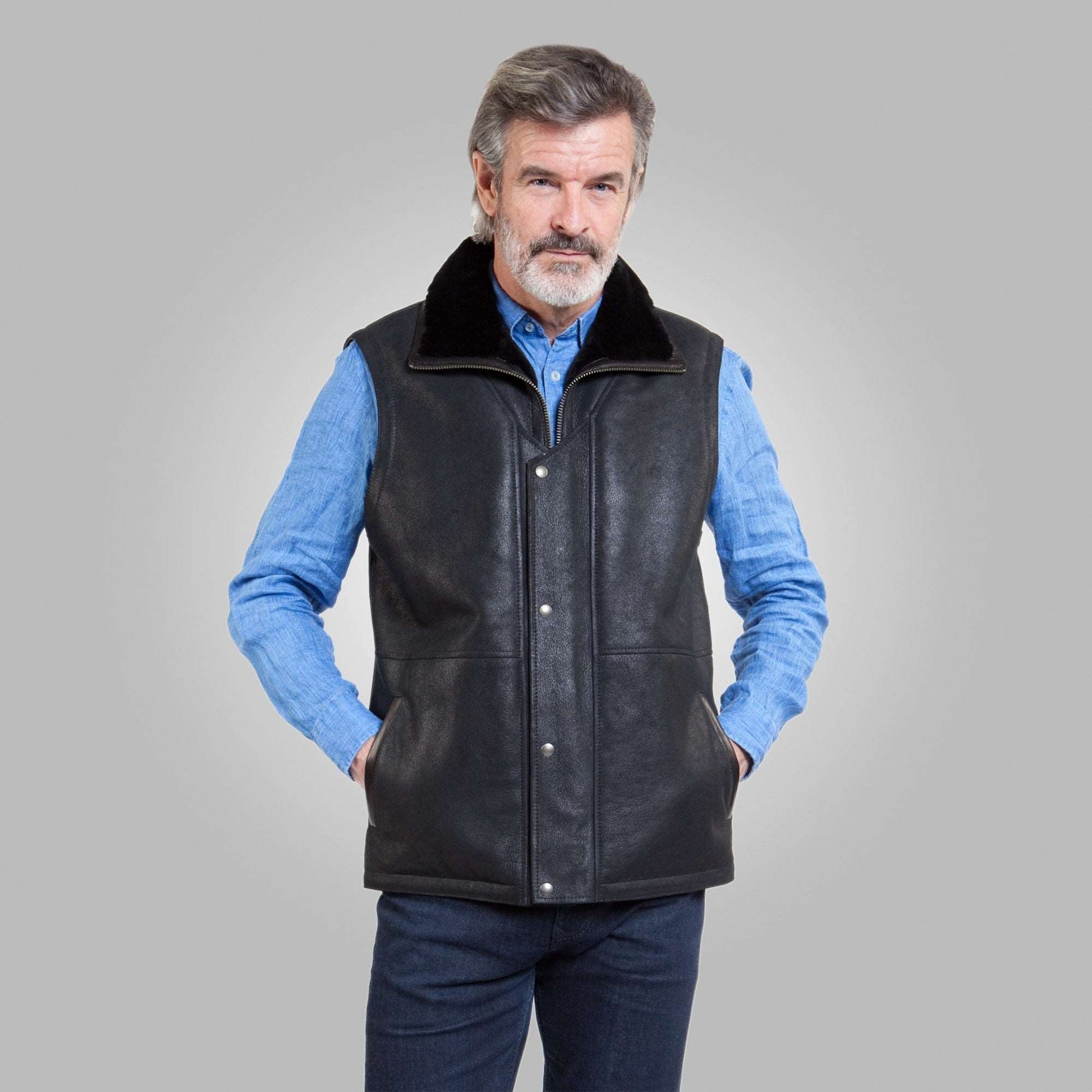 Men's Shearling Leather Vest In Black