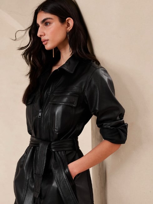 Women's Bodycon Leather Jumpsuit In Black With Belted Waist