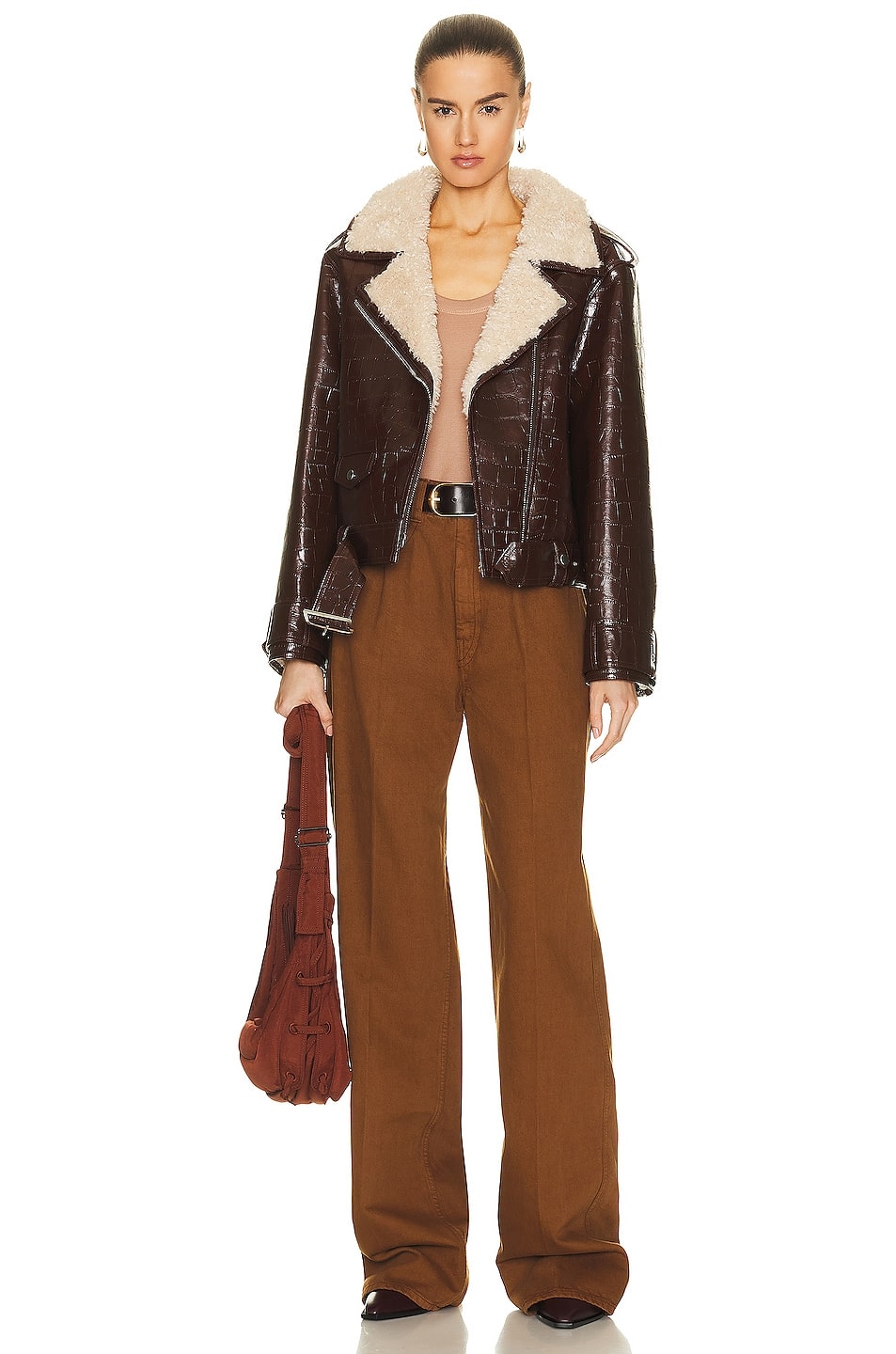 Women's Crocodile Textured Shearling Leather Jacket In Dark Brown