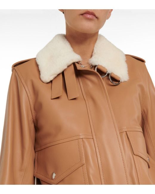 Women's Shearling Bomber Leather Jacket in Tan Brown