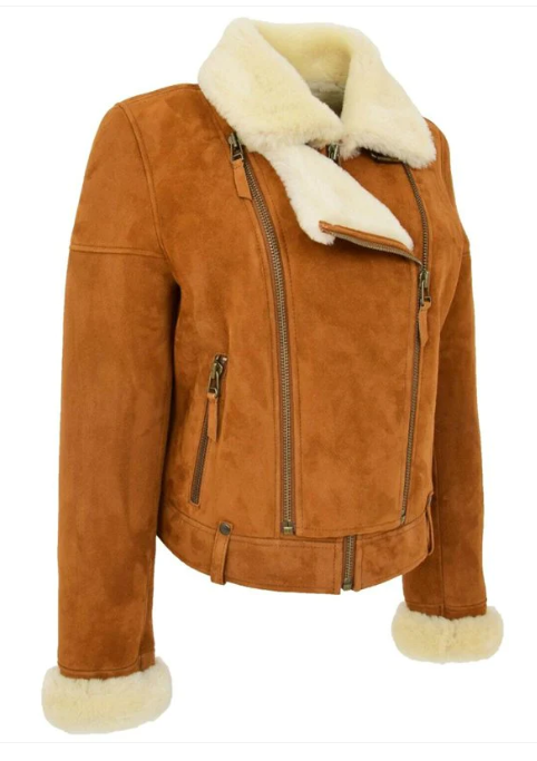Women's Sheepskin Biker Leather Jacket In Brown