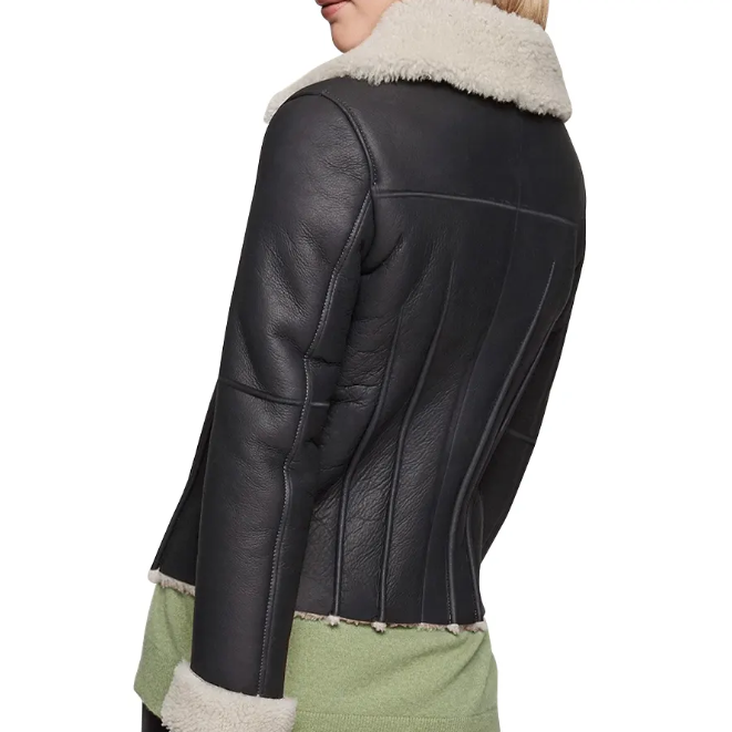 Women's Sheepskin Fur Leather Jacket In Black
