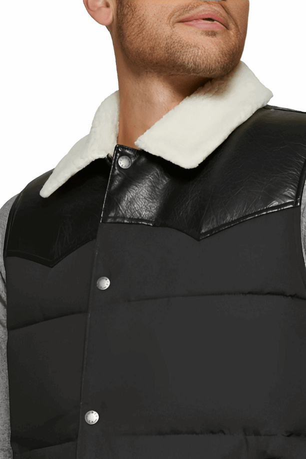 Men's Puffer Leather Vest In Black With Shearling Collar