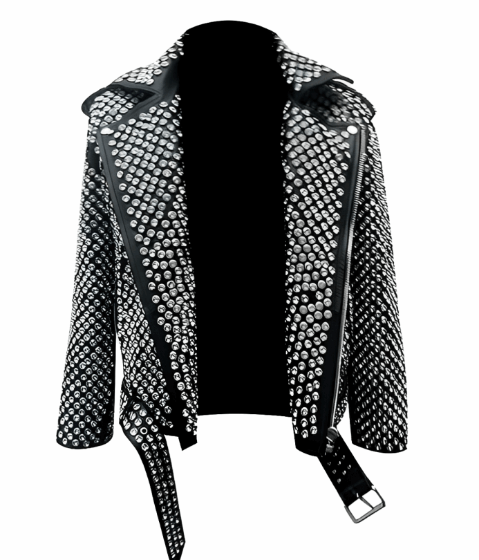 Men's Studded Biker Leather Jacket In Black