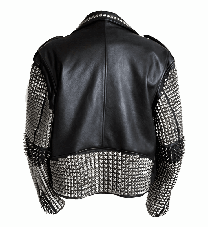 Men's Studded Leather Biker Jacket In Black