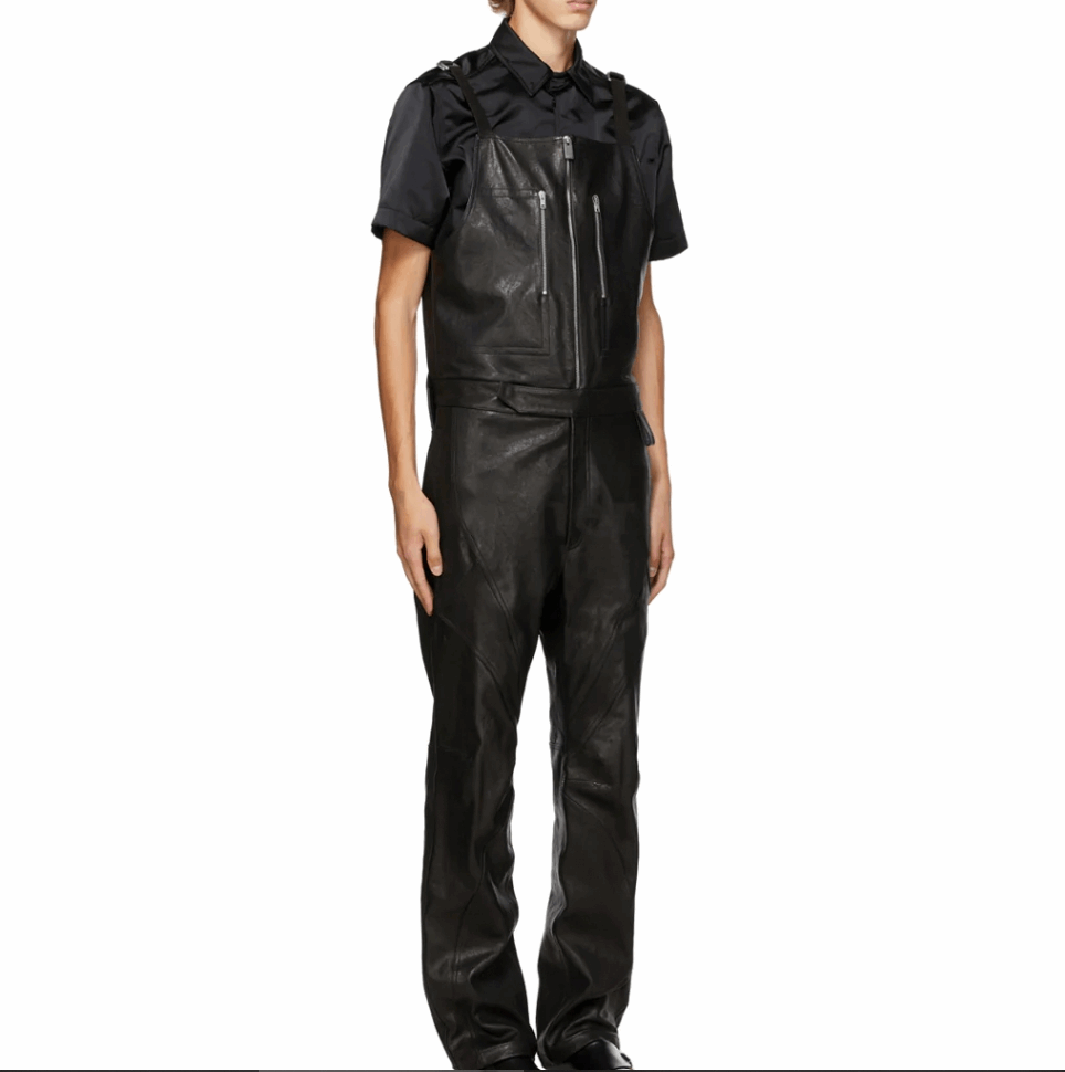 Men's Overalls Leather Jumpsuit In Black
