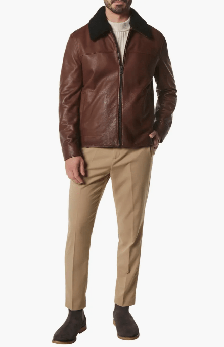 Men's Black Shearling Leather Jacket In Dark Brown