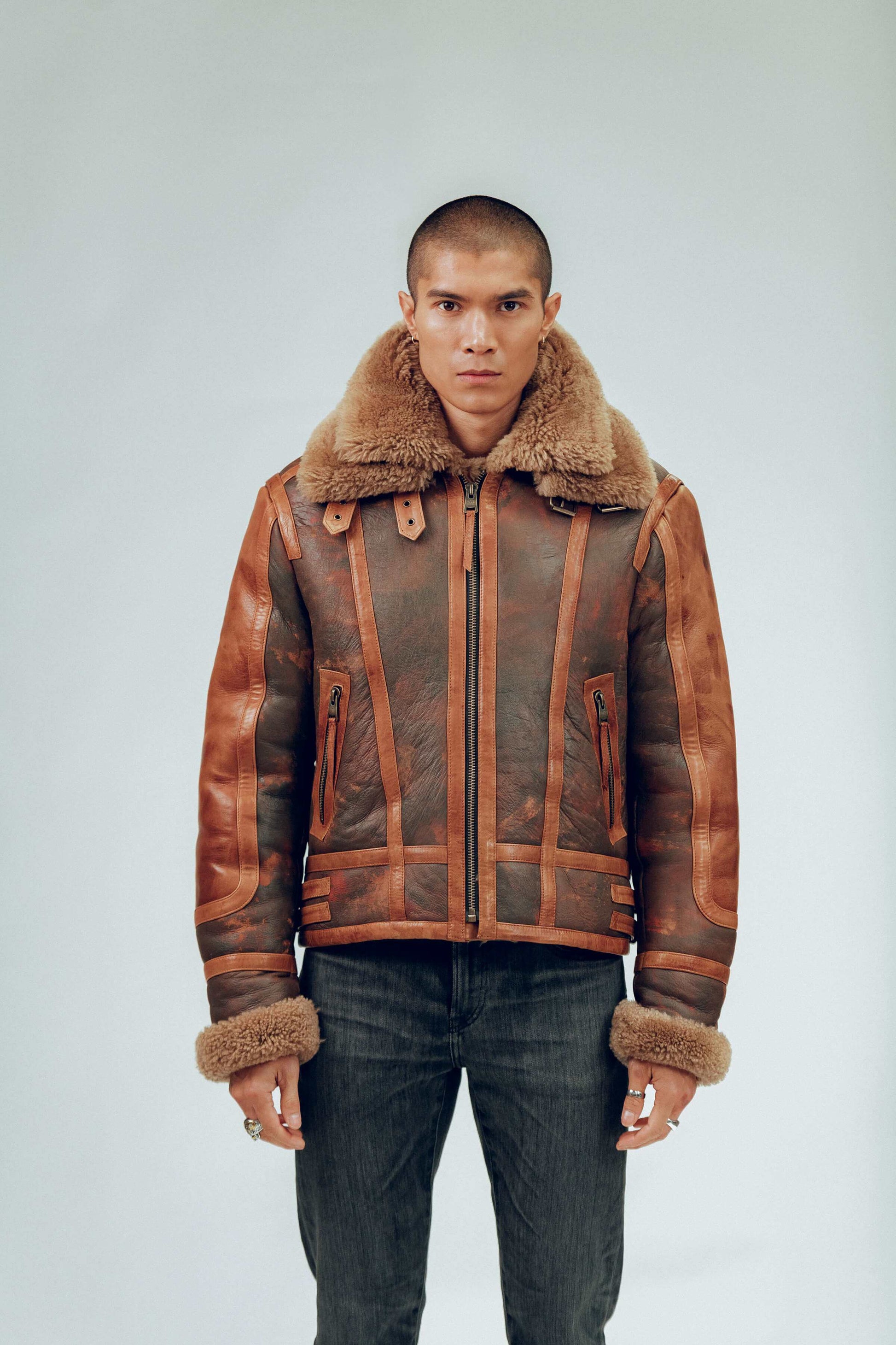 Men's Distressed Sheepskin Leather Shearling Jacket In Brown