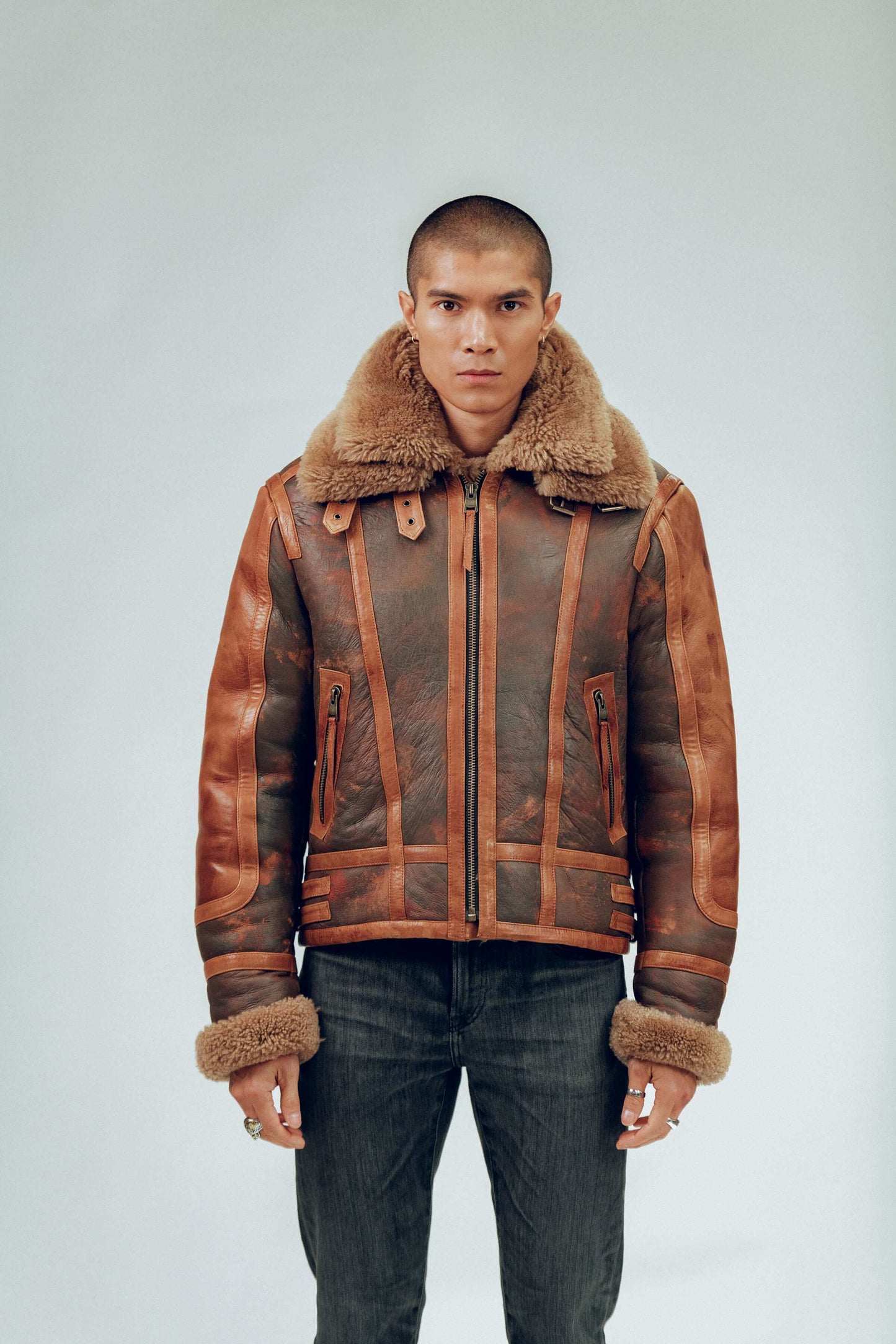 Men's Distressed Sheepskin Leather Shearling Jacket In Brown