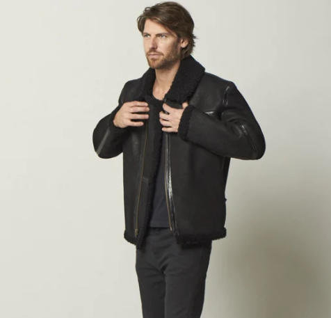 Men's Fur Aviator Sheepskin Jacket In Black