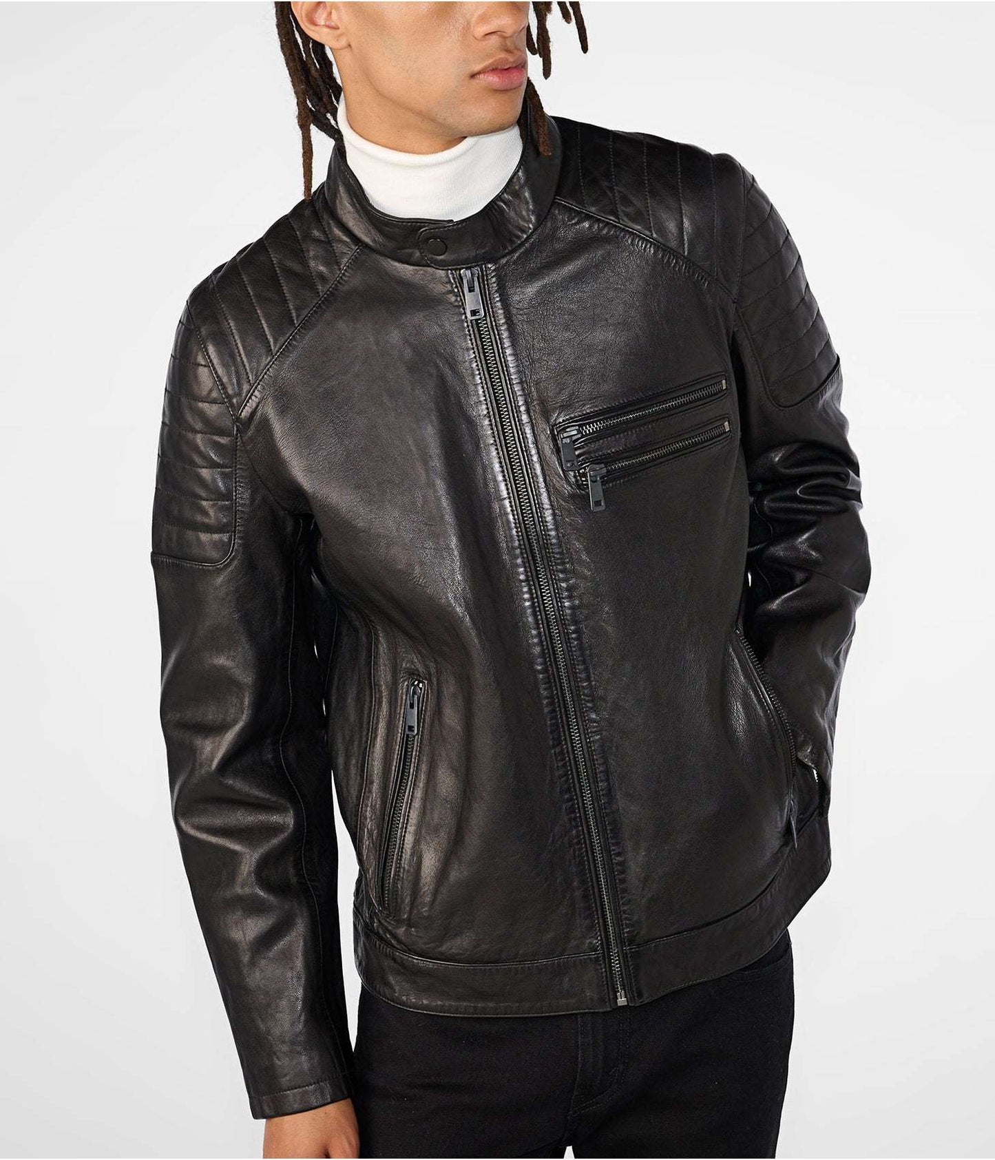 Men's Leather Biker Cafe Racer Jacket In Black