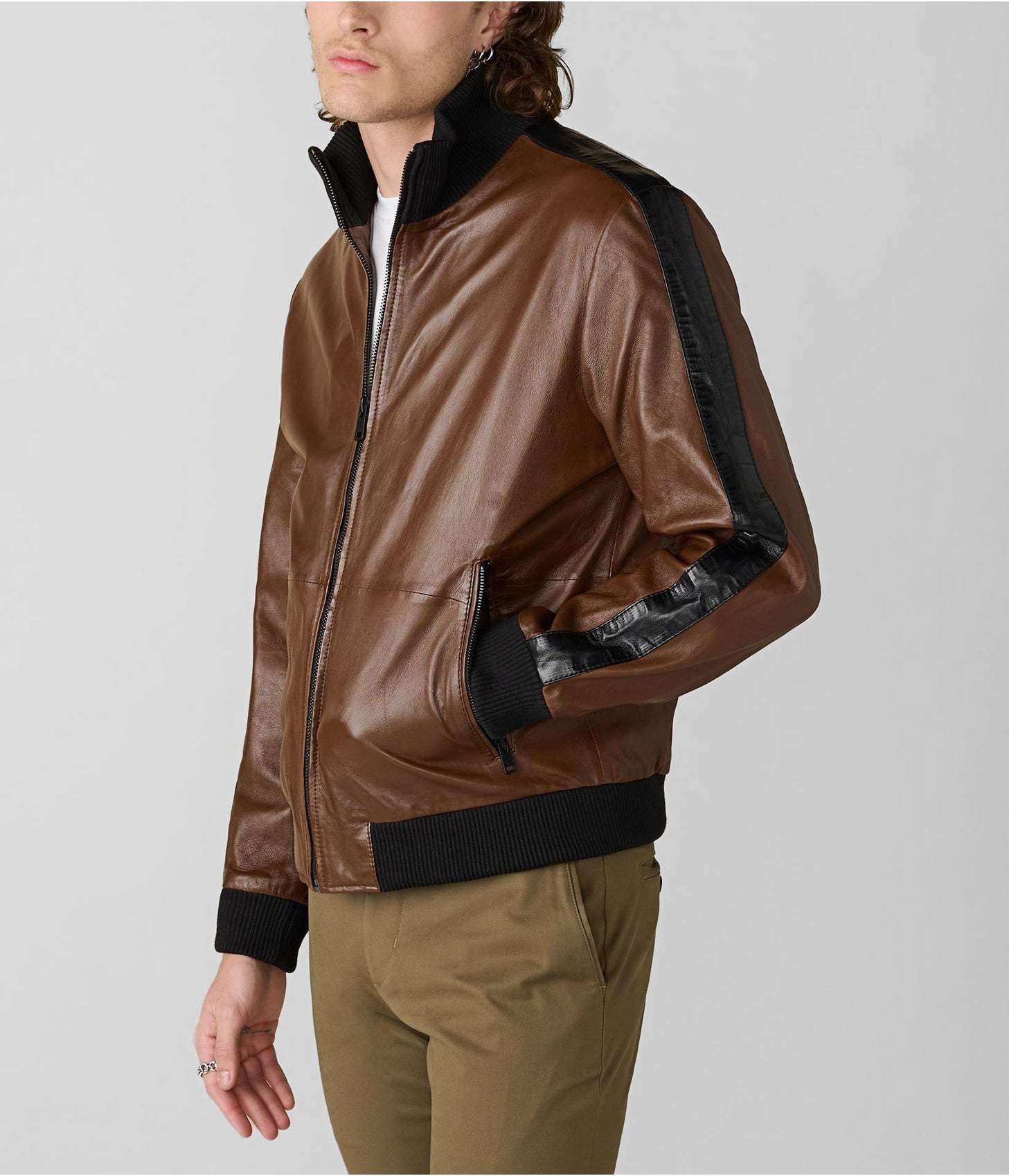 Men's Leather Bomber Jacket In Chocolate Brown With Stripes
